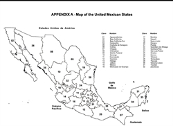 [ai] A black and white map of Mexico displaying its 32 states, labeled with numbers. The map includes geographical features like the Gulf of Mexico, the Pacific Ocean, and neighboring countries such as Guatemala and Belize.